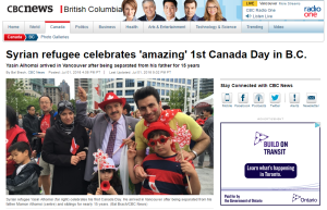 7月1日カナダデーにシリア難民を取り上げる記事http://www.cbc.ca/news/canada/british-columbia/syrian-refugee-celebrates-amazing-1st-canada-day-in-b-c-1.3661590)